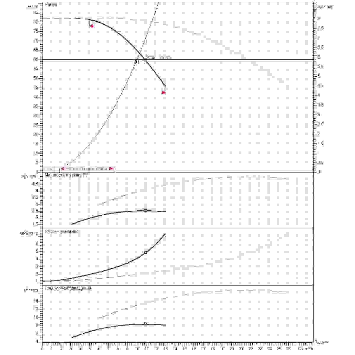 График определения рабочей точки 10м3/ч напор60м 2насоса