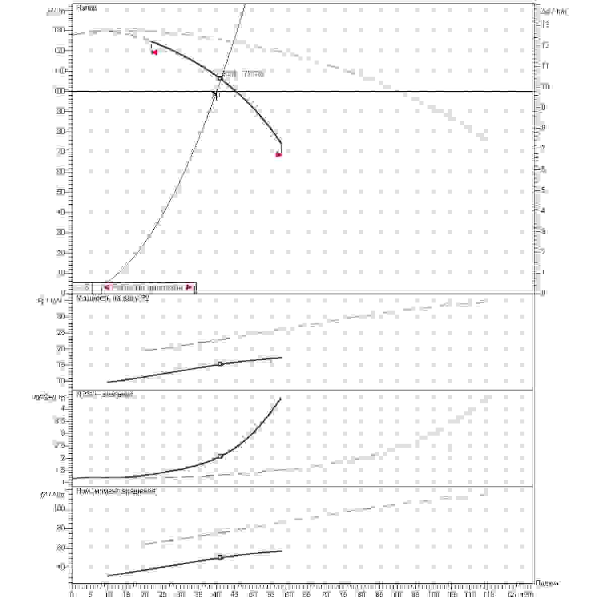 График определения рабочей точки 40м3/ч напор100м 2насоса
