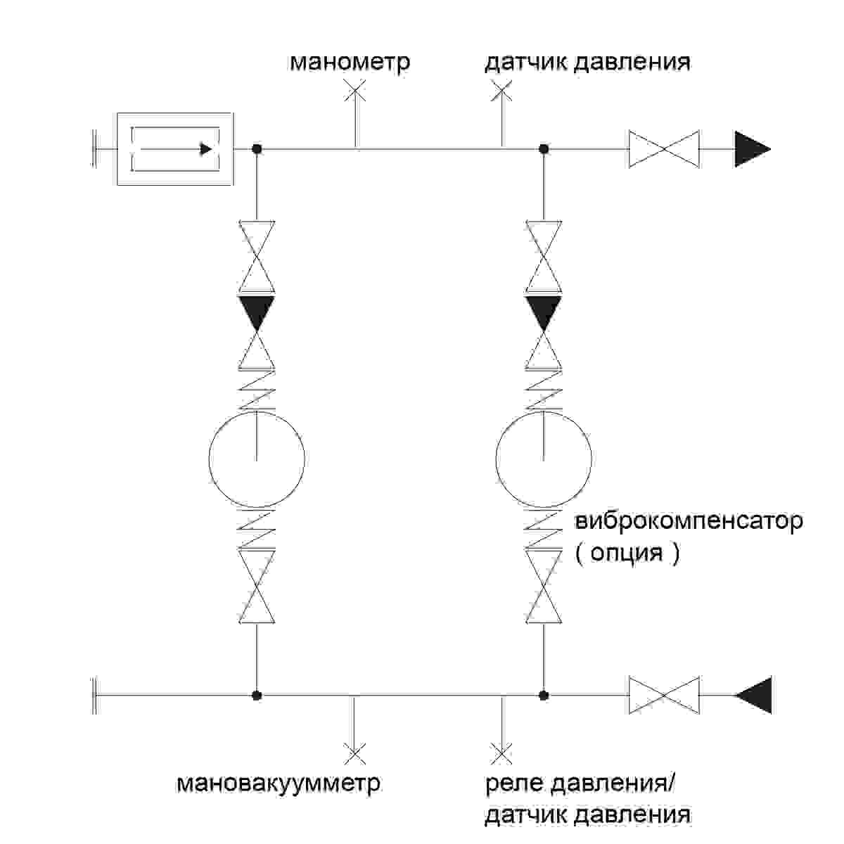 Чертеж внутренней обвязки модульной установки Greenlos с 2-мя насосами