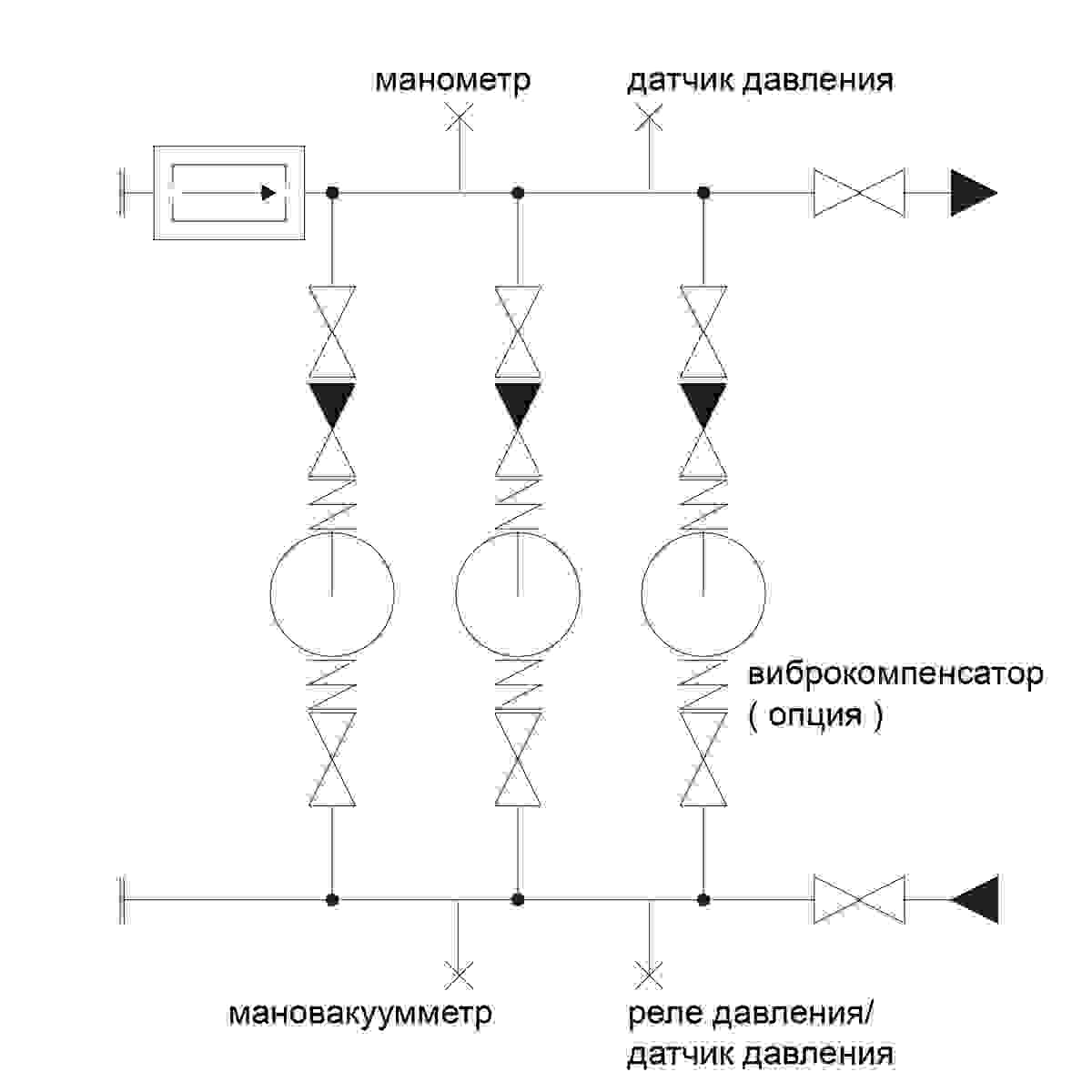 Принципиальная схема обвязки повысительной насосной станции на 3 насоса