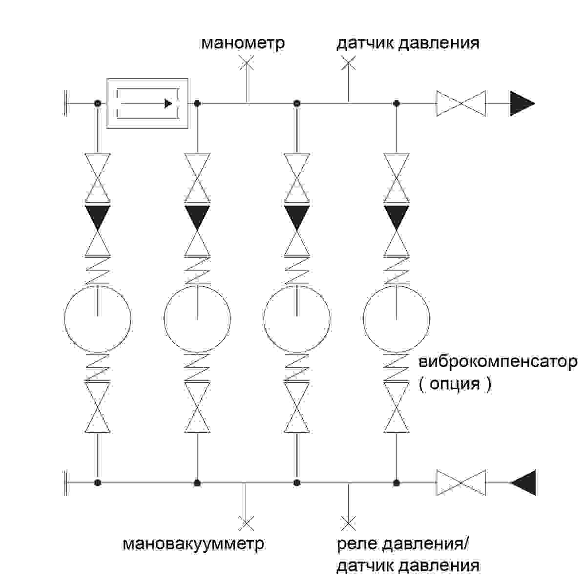 Принципиальная схема обвязки станции повышения давления на 4 насоса