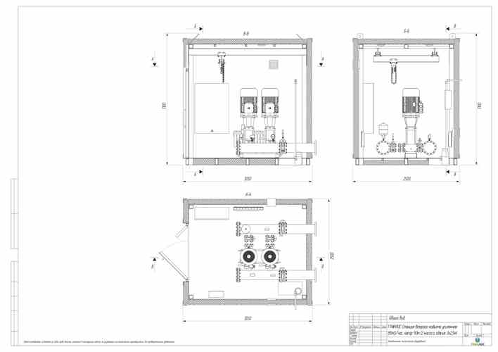 Технический рисунок модуля водоснабжения ГРИНЛОС в блочно-модульном здании 3x2,5 м