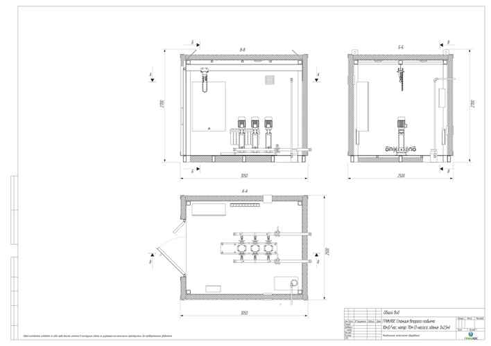 Технический рисунок модуля водоснабжения ГРИНЛОС в блочно-модульном здании 3x2,5 м