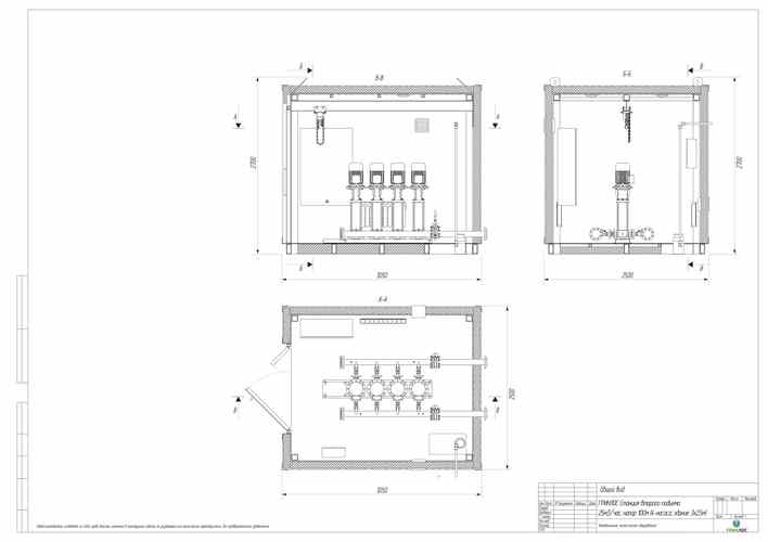 Схема установки в здании контейнерного типа 3x2,5 м на 4 насоса