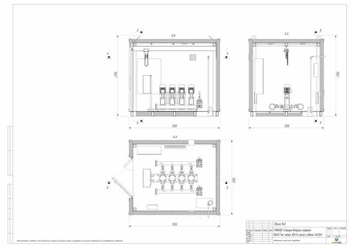 Технический рисунок модуля водоснабжения ГРИНЛОС в блочно-модульном здании 3x2,5 м